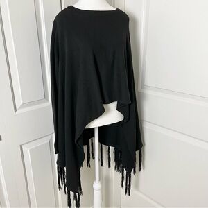 Ole by Koton Black Boho Fringe Knit Poncho – Asymmetrical Sweater Cape, Small
